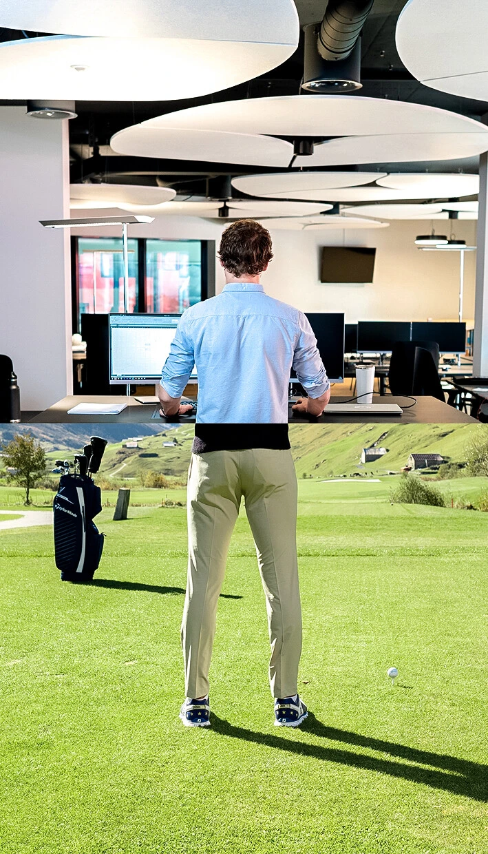 zweiteiliges Bild für Stelleninserat Büro und Golfer