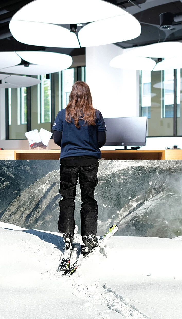 zweiteiliges Bild für Stelleninserat Schalter und Skifahren zweiteiliges Bild für Stelleninserat Schalter und Skifahren