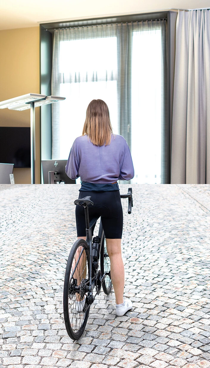 zweiteiliges Bild für Stelleninserat Frau Büro HR Rennvelo